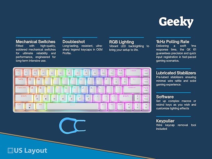 Geeky GK65 SE 65% | Mechanical Gaming Keyboard | 68 Keys Multi Color RGB LED Backlit for PC/Mac Gamer | ANSI US American Layout (White, Mechanical Black)