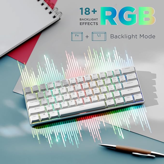 RK ROYAL KLUDGE RK61 Pro 60% Wired Gaming Keyboard, Hot Swappable Mechanical Keyboard with Aluminum Shell, Programmable RGB Backlit PC Game Keyboards 61 Keys, PBT Keycaps, Gateron Red Switch, White