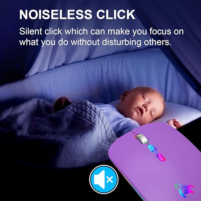 HOTLIFE Wireless Bluetooth Mouse, Slim Rechargeable LED Mouse, 2.4G Portable USB Optical Mouse with Type C Adapter, Purple