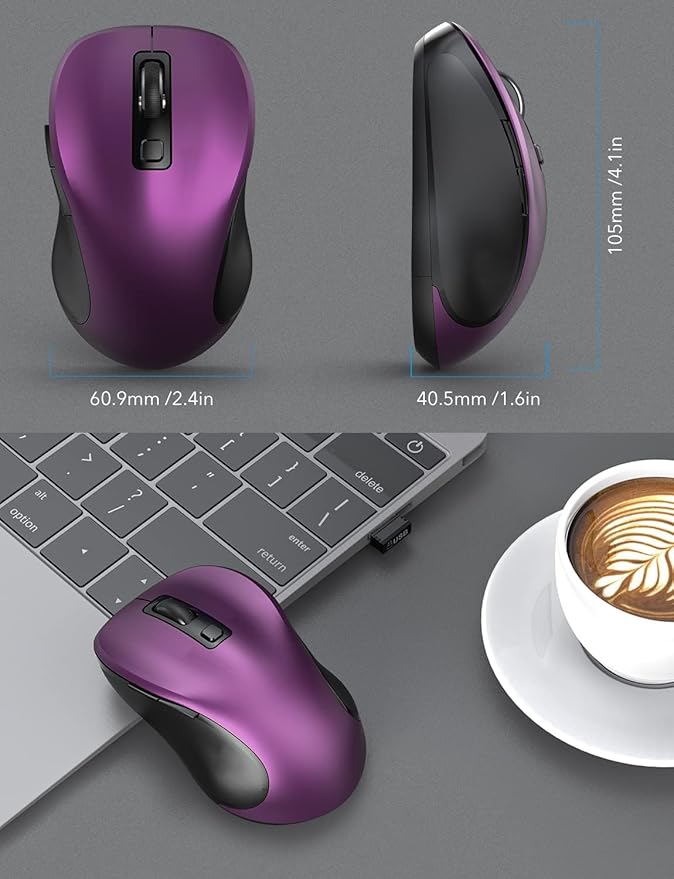 Trueque Wireless Mouse for Laptop, 2.4GHz Ergonomic Computer Mouse with Back & Forward Buttons, 3 Adjustable DPI Levels, 6 Buttons, Optical USB Cordless Mice for Windows PC (Purple, 1 Pack)