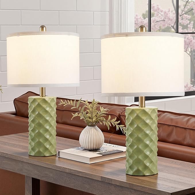 Vitality Green & Star Diamond Ceramic Table Lamps (Set of 2) - 23" Luxe Modern Bedside Lamps for Nightstand,bedrooms, Living Rooms, or entryways & Rotary Switch,No Bulbs