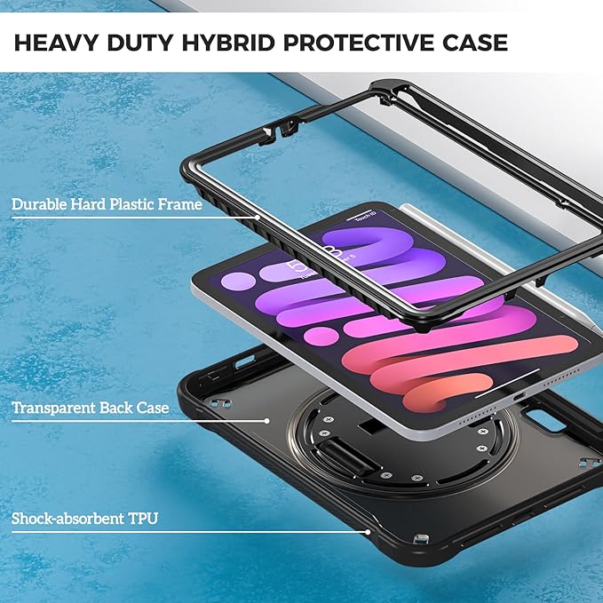 ProCase Rugged Case for iPad mini 7th(A17 Pro) 2024 / 6th Generation 8.3" 2021, Heavy Duty Shockproof Rugged Cover with Hand Strap 360 Degree Rotatable Kickstand Protective for iPad mini 8.3 -Black