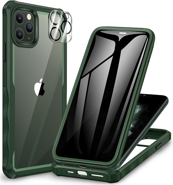 CENHUFO Privacy for iPhone 11 Pro Max Case, Full Body Phone Case with Built-in 9H Tempered Glass Privacy Screen Protector and Camera Lens Protector, Anti Peep Shockproof Bumper Clear Cover - Green