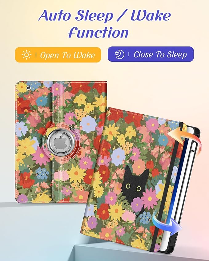 Kidcube for iPad 9th/8th/7th Generation Case 10.2 Inch - for Women Girls Cute Rotating Stand Folio Cover with Pencil Holder & Card Slot Girly Kawaii Cat Flowers Design for iPad 9th/8th/7th Gen Cases