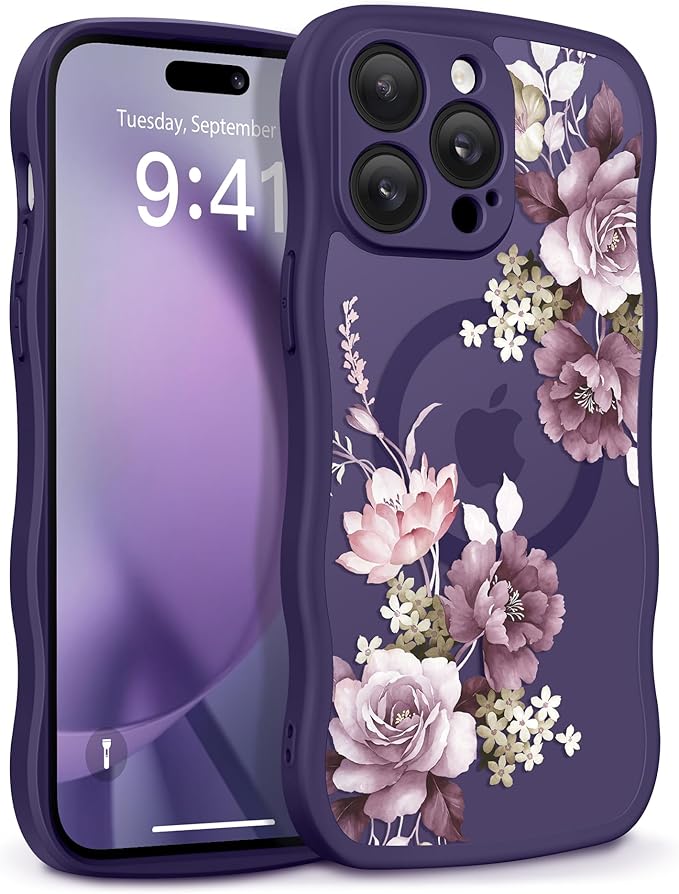 GVIEWIN for iPhone 14 Pro Case Compatible with MagSafe [Curly Wave Edge][Full Camera Protection] Floral Translucent Shockproof Magnetic Women Phone Case for 14 Pro, Cherry Blossoms/Deep Purple