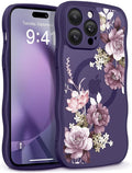 GVIEWIN for iPhone 14 Pro Case Compatible with MagSafe [Curly Wave Edge][Full Camera Protection] Floral Translucent Shockproof Magnetic Women Phone Case for 14 Pro, Cherry Blossoms/Deep Purple