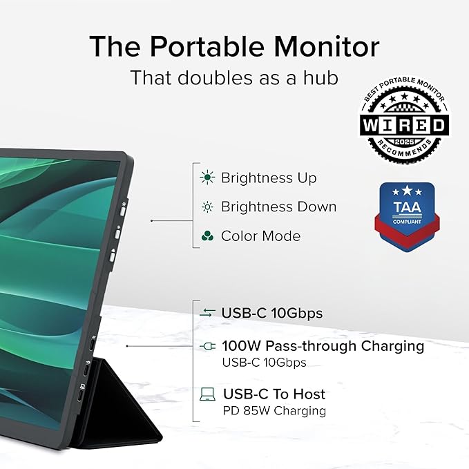 Plugable 15.6" USB-C Portable Monitor with 100W Pass-Through Charging | 2X USB-C 10Gbps Hub | FHD 1920x1080 IPS Display for Mac, Windows, iPad, Smartphone | 1.85lbs, Travel Cover/Stand Included