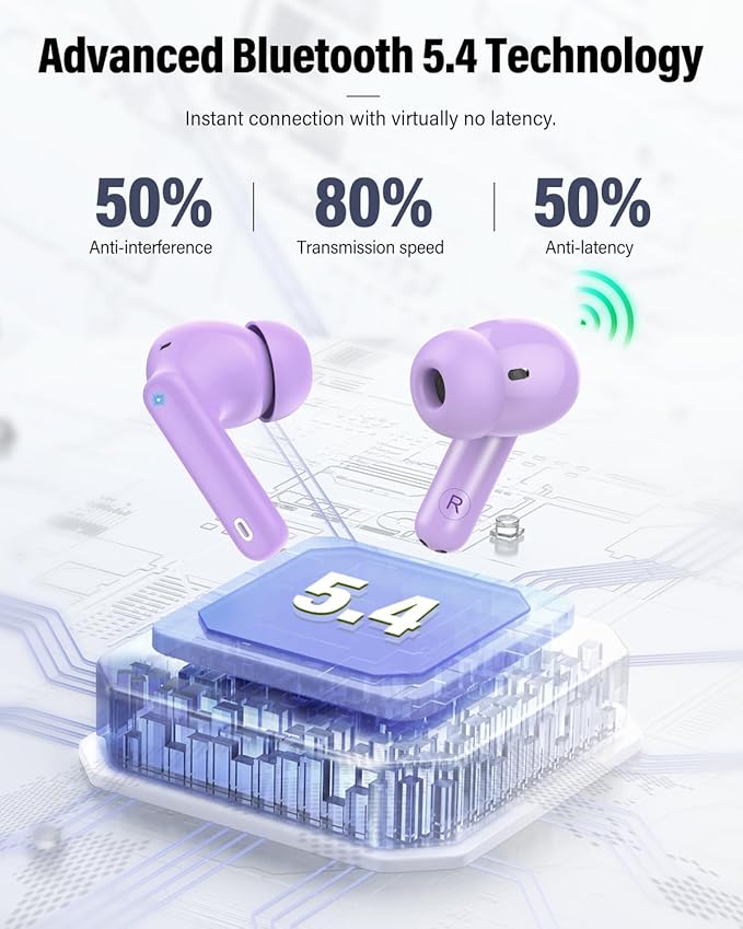 Wireless Earbuds, Bluetooth 5.4 Headphones Bass Stereo, Ear Buds with Noise Cancelling Mic, IP7 Waterproof in Ear Earphones, 36H LED Display Bluetooth Earbuds for Laptop Pad Phones, Pale Violet