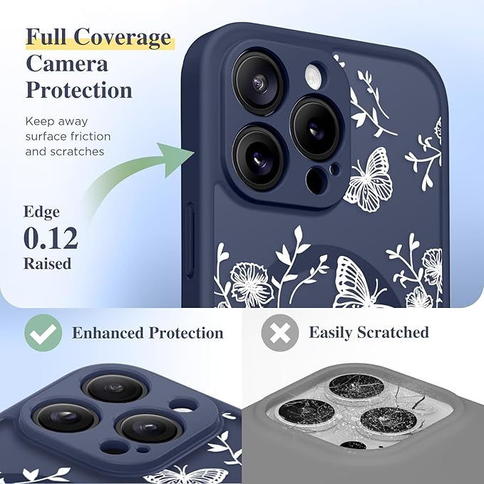 GVIEWIN for iPhone 16 Pro Case Compatible with MagSafe, [Military Grade Protection] [Screen Protector] Full Camera Protection Floral Translucent Women Magnetic Phone Case, Tuberose/Blue