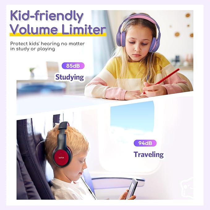 EarFun Kids Headphones Wired with Microphone, 85/94dB Volume Limit Headphones for Kids, Portable Wired Headphone with Shareport, Stereo Sound Foldable Headset for School/Tablet/iPad, Violet Pink