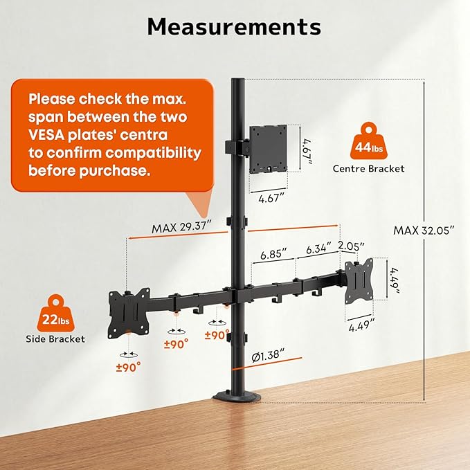 PUTORSEN Triple Monitor Mount for Up to 49" Ultrawide and 32" Monitors per Side Arm, Extra Tall 3 Monitor Desk Mount Holds up to 44 lbs, VESA 75/100 mm