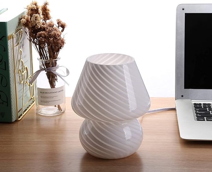 BSOD Mushroom Lamp,Glass Table Bedside Lamps Translucent Murano Vintage Style Striped Small Night Mushroom Decor Light Swirl for Ambient,Kids,Bedroom,Living,Girl Gift (Stripe White)