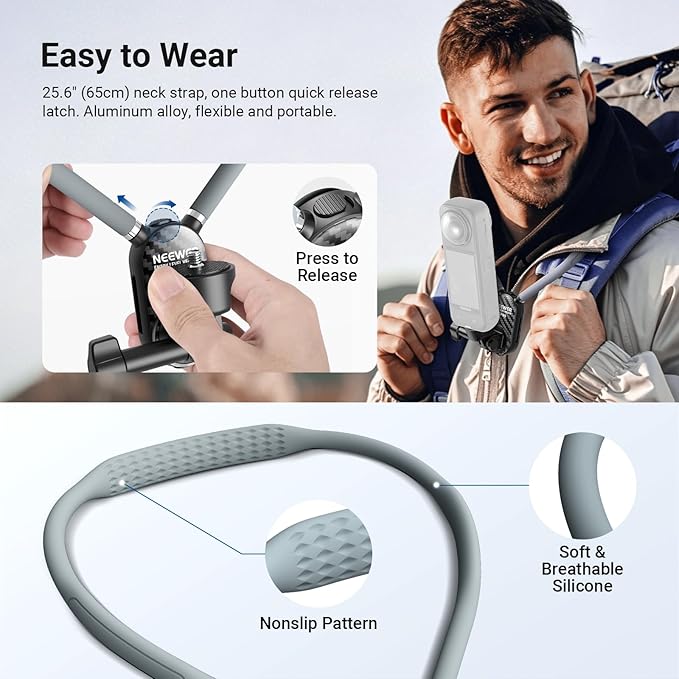 NEEWER Neck Mount Compatible with GoPro DJI Insta 360 Action Cameras, Quick Release Neck Holder with Air Cushion & Adjustable Chest Strap, Accessories Kit for POV Vlogging Video Recording, GP49
