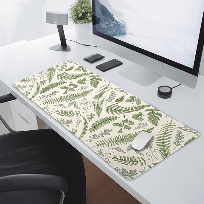 White Green Plant Flowers Mouse Pad XXL Tropical Fern Botanical Leaves Extended Desk Mat 90X40cm Non-Slip Rubber Base Stitched Edge Large Mousepad for Gaming Laptop Computer Desktop 35.4×15.7 Inch