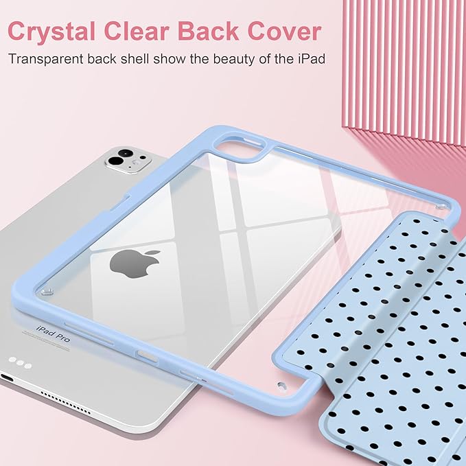 Case for iPad Pro 11 Inch (M5 2025 M4 2024) – [Built-in Pencil Holder], Shockproof & Stylish, Clear Hard Back + Soft TPU Edge, Magnetic Trifold Stand, Auto Wake/Sleep, Blue Polka dot