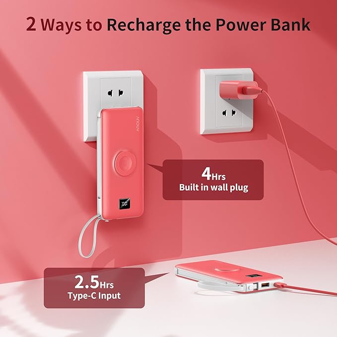 Portable Charger Built-in Cables, AC Wall Plug and Magnetic Wireless iWatch Charger, 10000mAh 22.5W PD Fast Charging Power Bank, Compact Battery Pack Travel Essentials for iPhone/Samsung/Apple Watch