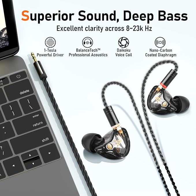 Vibes 202 Wired Earbuds - HiFi in Ear Monitor Headphones – Professional Noise Isolating Ear Buds - Clear Sound, Deep Bass & Comfort-Fit IEM Earphones - MMCX to 3.5mm, Silver Plated Cord, Carrying Case