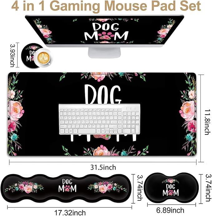 Gaming Mouse Pad, Large XXL Mouse Pad,Large Mouse Pad with Stitched Edge,Non-Slip Desk Pad Ergonomic Keyboard Wrist Rest Anime Mouse Pad Cute Dog Mom Floral Design Black Desk Mat for Computer Laptop