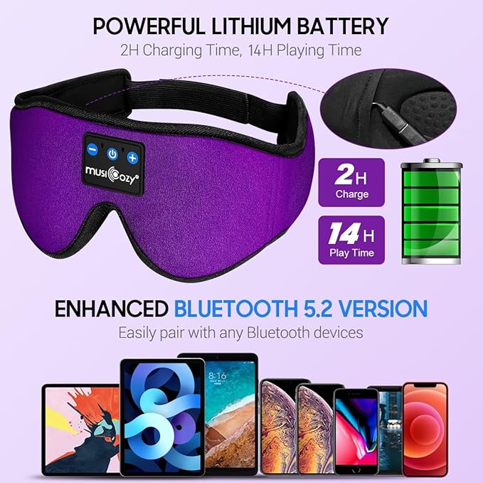 MUSICOZY Sleep Headphones, Bluetooth 5.4 Sleep Mask Headband Headphones Sleeping Eye Mask, Wireless Music Earbuds Earphones with HD Stereo Speakers Cool Gadgets Gifts (Violet)