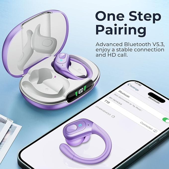 occiam Active Noise Cancelling Earbuds Wireless Bluetooth Headphones Ear Buds 90Hrs Playback Stereo Bass Earphones with Mic Over-Ear Hooks IPX7 Waterproof Headset for Work Sports (Purple)