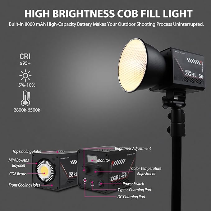60W COB LED Video Light Handheld Portable with 8000 mAh Battery Dual-Color Photography Lighting Spotlight for Studio, Streaming, Phone Video, 2800K-6500K, 8 Lighting Effects, CRI ≥95