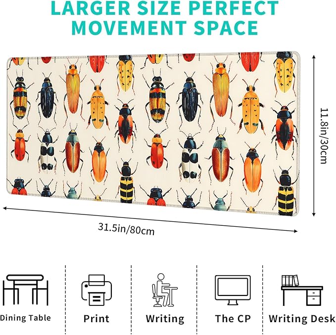 Cute Colorful Beetle Gaming Mouse Pad – 12x31.5in Large Extended Desk Mat with Vibrant Insect Design – Non-Slip Rubber Mousepad for Office Home – Deskmat Gifts for Nature Lovers Decor