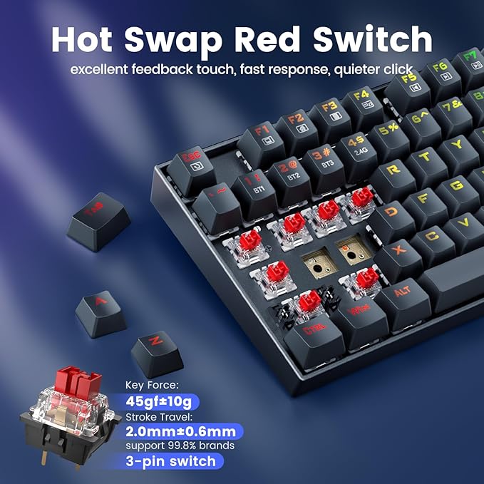 Redragon Wireless Gaming Keyboard, BT/2.4Ghz Tri-Mode Mechanical Keyboard, buit-in Battery, Programmable 87 Keys TKL, LED Rainbow Backlit - K552-KRS
