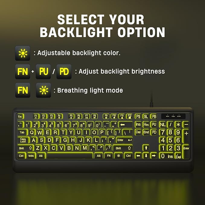 Luzarriba Large Print Backlit Computer Keyboards, 7 Colors Backlight USB Keyboard, Plug-and-Play, Foldable Stands, Corded Full Size Keyboard for Windows, PC, Laptop (Black, Large)
