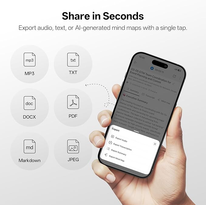 OpenNote Professional AI Note Taker Earbuds, MFi Certified Open-Ear Voice Recorder, 53H Battery, Instant Call & Meeting Recording, Live Transcription & AI Summary, IP55, Gray