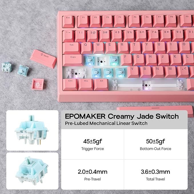 EPOMAKER G84 80% RGB Gaming Mechanical Keyboard, 2.4GHz/ Type-C/BT Wireless Keyboard, QMK/VIA Programmable, Hot-Swappable, NKRO, with Shine Through PBT Keycaps for Gamers (Pink, Creamy Jade Switch)