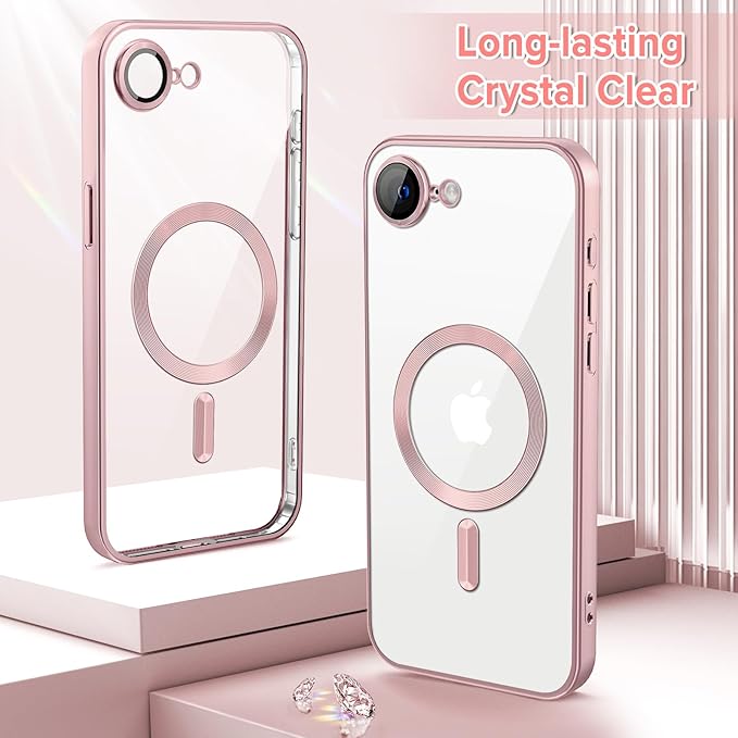 Hython Magnetic Clear for iPhone 17e Case with Camera Lens Protector [Compatible with MagSafe] Luxury Plating Edge Slim Soft TPU Cover Protective Phone Case for iPhone 17e 6.1", Matte Pink