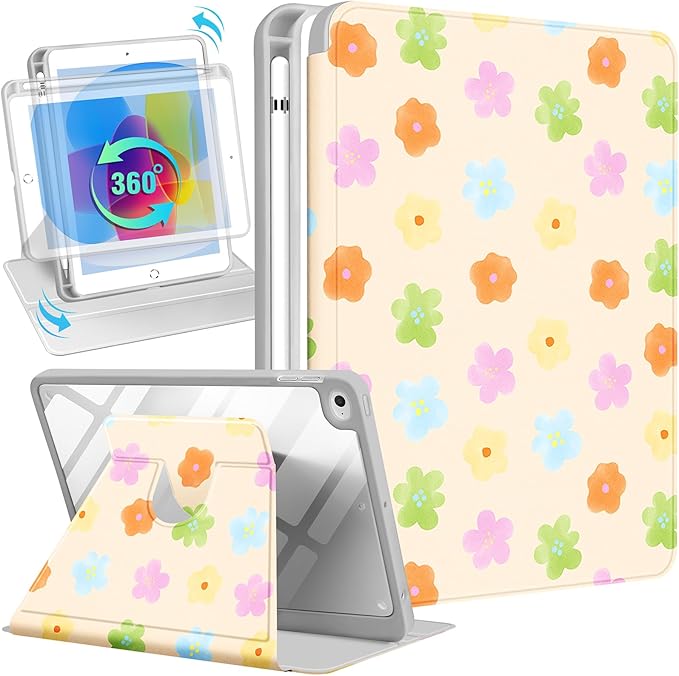 Uppuppy for iPad mini 4 Case for iPad mini 5th Generation Case - 360 Rotating Stand Folio Smart Cover with Pencil Holder for Women Girls, Colorful Flowers for Apple Tablet Mini 7.9 inch 2019/2015