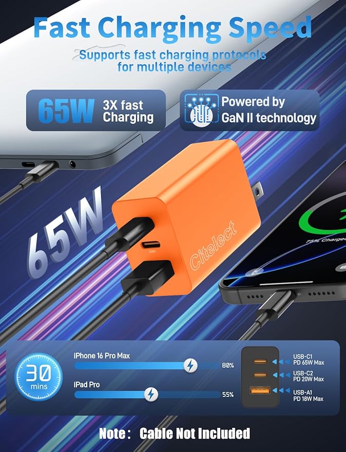 2Pack 65W USB C Charger Block, 3Port Fast Charging Adapter,Type C Fast Charging Blocks Cube PD USBC Wall Plug+QC3.0 USB A Charger Brick for MacBook Pro/Air,iPad,iPhone17/16,Samsung S26/S25&More-Orange