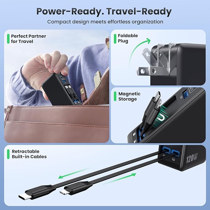 USB C Charger Block 120W with Built-in 2 Retractable Cables,4-in-1 GaN IV Charger Fast Charging Foldable Plug Wall Charger,PD 65W Laptop Charger for MacBook,iPad,iPhone 17/16/15/14,Galaxy,Android etc