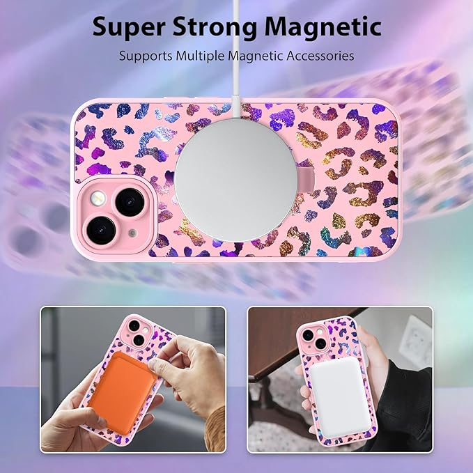 KANGHAR Compatible with iPhone 15 Case, Support for MagSafe, Silicone Cute Iridescent Leopard Cheetah Pattern, Wristband Kickstand Shockproof Protective Slim Cover for Women Girls, Pink