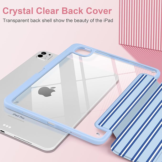 Case for iPad Pro 11 Inch (M5 2025 M4 2024) – [Built-in Pencil Holder], Shockproof & Stylish, Clear Hard Back + Soft TPU Edge, Magnetic Trifold Stand, Auto Wake/Sleep, Blue Stripes