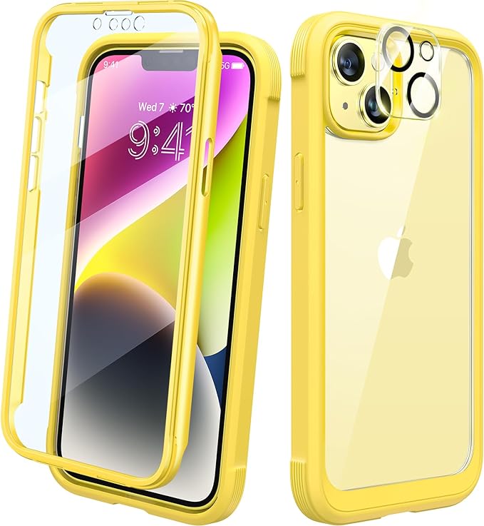 Diaclara Designed for iPhone 14 Plus Case, Full Body Rugged Case with Built-in Touch Sensitive Anti-Scratch Screen Protector, with Camera Lens Protector for iPhone 14 Plus 6.7" (Lemon Yellow)