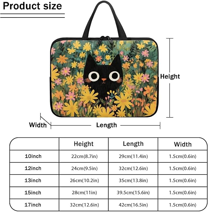 13 Inch Black Cat Flowers Laptop Sleeve Case, Sturdy Computer Bag Tablet Carrying Case with Handle, Tote Bags for Work/School/Travel, Large Capacity Notebook Messenger Briefcase