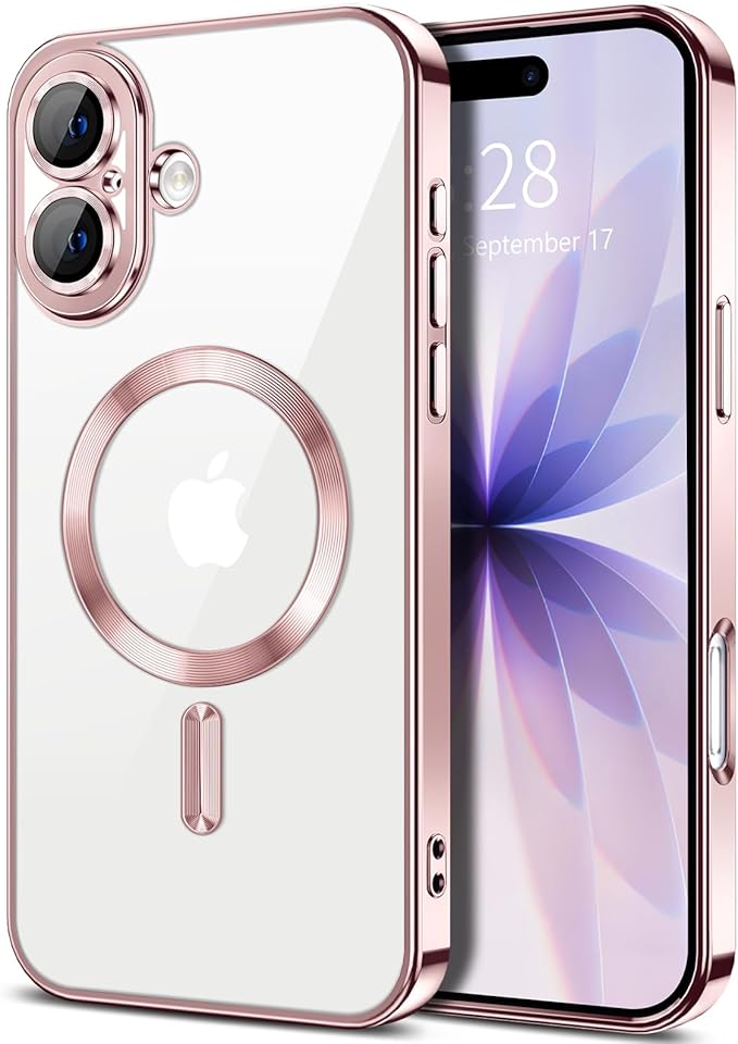 Hython Magnetic Clear for iPhone 17 Case with Camera Lens Protector [Compatible with MagSafe] Luxury Plating Edge Slim Soft TPU Cover Protective Phone Case for iPhone 17 6.3", Pink