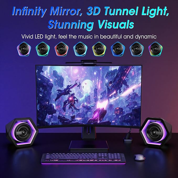 Computer Gaming Speakers, 50W Active Desktop Speakers with Infinity Mirror 3D Tunnel RGB (8 Modes), Bluetooth 5.3, AUX in, Headphone Out & Type-C Input, 3 EQ Modes, AC Powered for PC/Laptop/TV