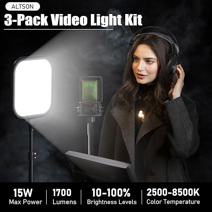 ALTSON 3 Pack LED Video Panel Light, 2500-8500K Dimmable Studio Lights with Tripod Stand & Phone Holder, 78" Photography Lighting Kit for Video Recording, Game Streaming, Photography, Tiktok, YouTube