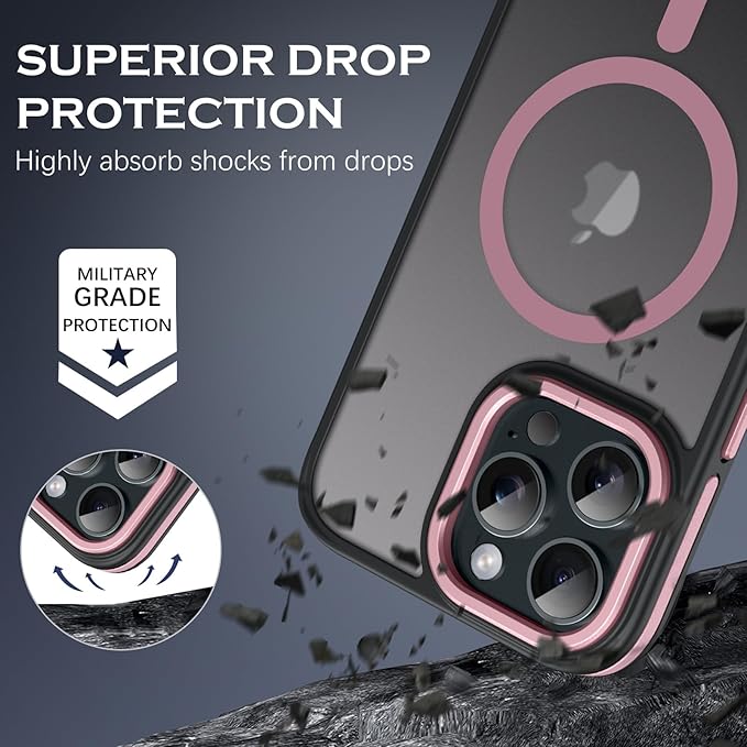 YINLAI Case for iPhone 16 Pro 6.3-Inch, iPhone 16 Pro Phone Case Magnetic [Compatible with Magsafe] Slim Translucent Matte Men Women Girls Shockproof Protective Back Cover, Black/Pink