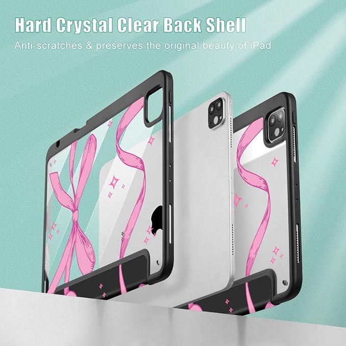 Tuiklol for iPad Pro 11 Inch 4th / 3rd / 2nd / 1st Gen (2022 2021 2020 2018) Case -Built-in Pencil Holder Shockproof Cover Clear Transparent Back Shell with Auto Wake/Sleep, Bow