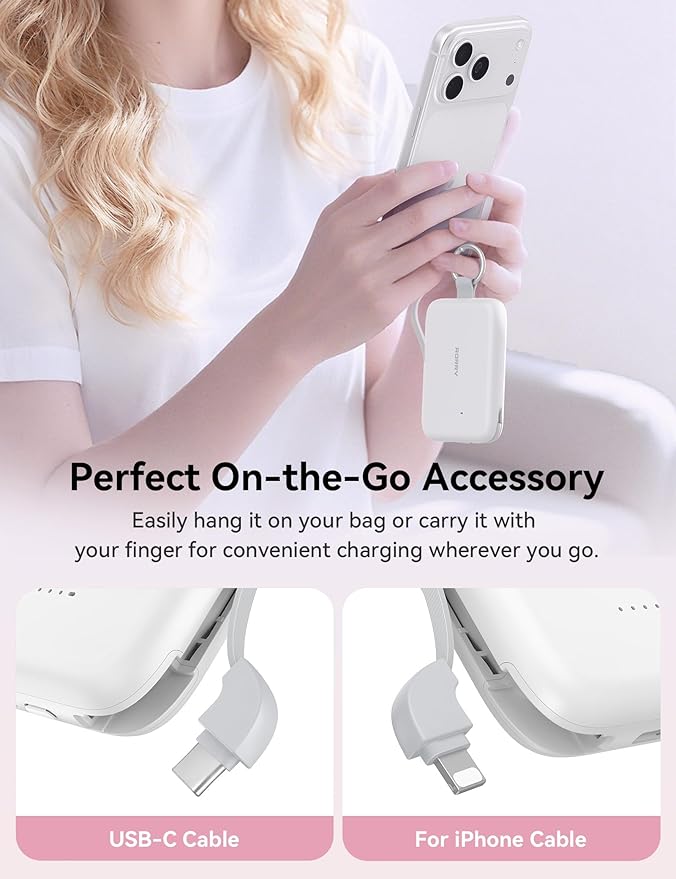 RORRY CharmGo Portable Charger, 10000mAh PD 30W Fast Charging Portable Charger Power Bank with Built-in Cables, Travel Keychain Charger Battery Pack for iPhone 17/16/15, for AirPods 2/3/4/Pro, White