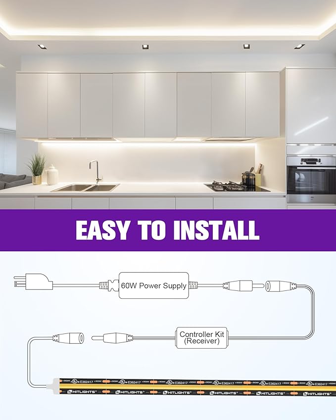 HitLights COB White LED Strip Lights Kit with Remote & 12V Power Supply, 16.4ft Dimmable Tape Light 4000K, 2400LEDs, 305+ Lm/ft, UL Listed, Flexible Rope Lights for Bedroom, Kitchen, Cabinet Lighting