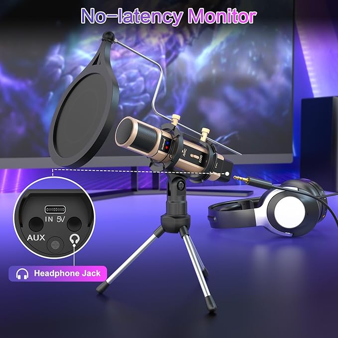 ZealSound USB Microphone for iPhone, iPad, Android, PC & Laptop, Condenser Podcast Mic with Noise Reduction, Mute, Headphone Monitoring & Echo Control for ASMR, Podcast, Streaming, Gaming
