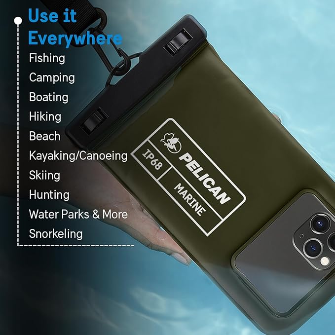 Pelican 2 Pack Marine - IP68 Waterproof Phone Pouch (Regular Size) Floating Waterproof Phone Case - Beach Cruise Ship Travel Essentials - Works with All Phones - Detachable Lanyard - OD Green
