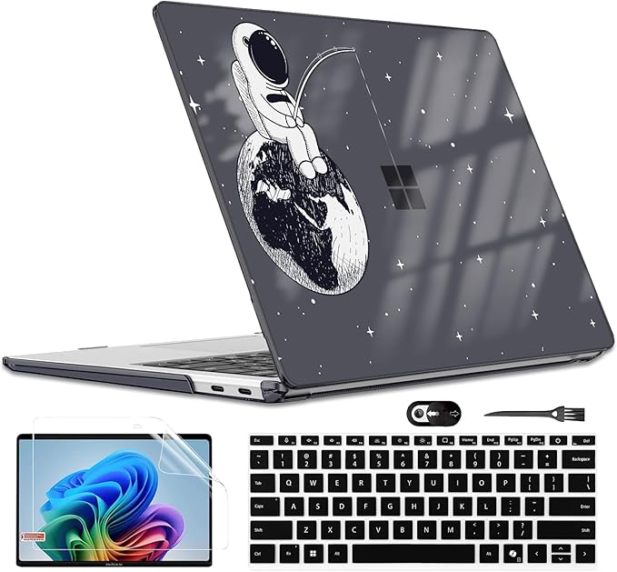 Slim Protective Case for 13 inch Microsoft Surface Laptop 2025 Copilot+PC Model 2095, Lightweight Anti-Scratch Printed Pattern Crystal Black Plastic Hard Shell Case Cover, Astronaut Earth
