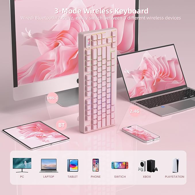 Womier 75% Pink Keyboard Wireless with Color Multimedia Screen, Creamy Mechanical Gaming Keyboard, 3-Modes Hot Swappable Cute Key Board w/Wrist Rest, Gasket RGB Custom for Mac/Win (SK80 PRO)