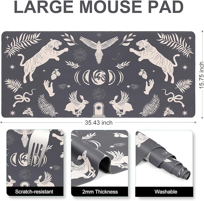 L-SPOUTTO Black Mystical Desk Mat for Keyboard and Mouse,Astrology XXL Gaming Mouse Pad,Large 35.4x15.7in Non-Slip Rubber Base Keyboard Pad Desktop Mat for Laptop Computer Work Home Office-Wild Animal